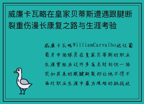 威廉卡瓦略在皇家贝蒂斯遭遇跟腱断裂重伤漫长康复之路与生涯考验 威廉卡瓦略在皇家贝蒂斯遭遇跟腱断裂重伤漫长康复之路与生涯考验